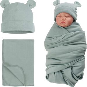 New Amazon Pesaat 100% cotton soft baby boys swaddle set in Green